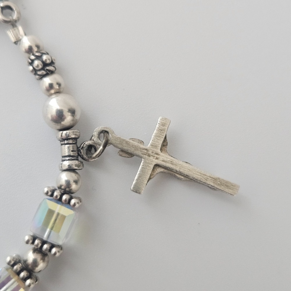 Sterling Silver Faceted Crystal AB Bracelet Crucifix Charm Toggle Clasp 7.5" - Picture 8 of 10